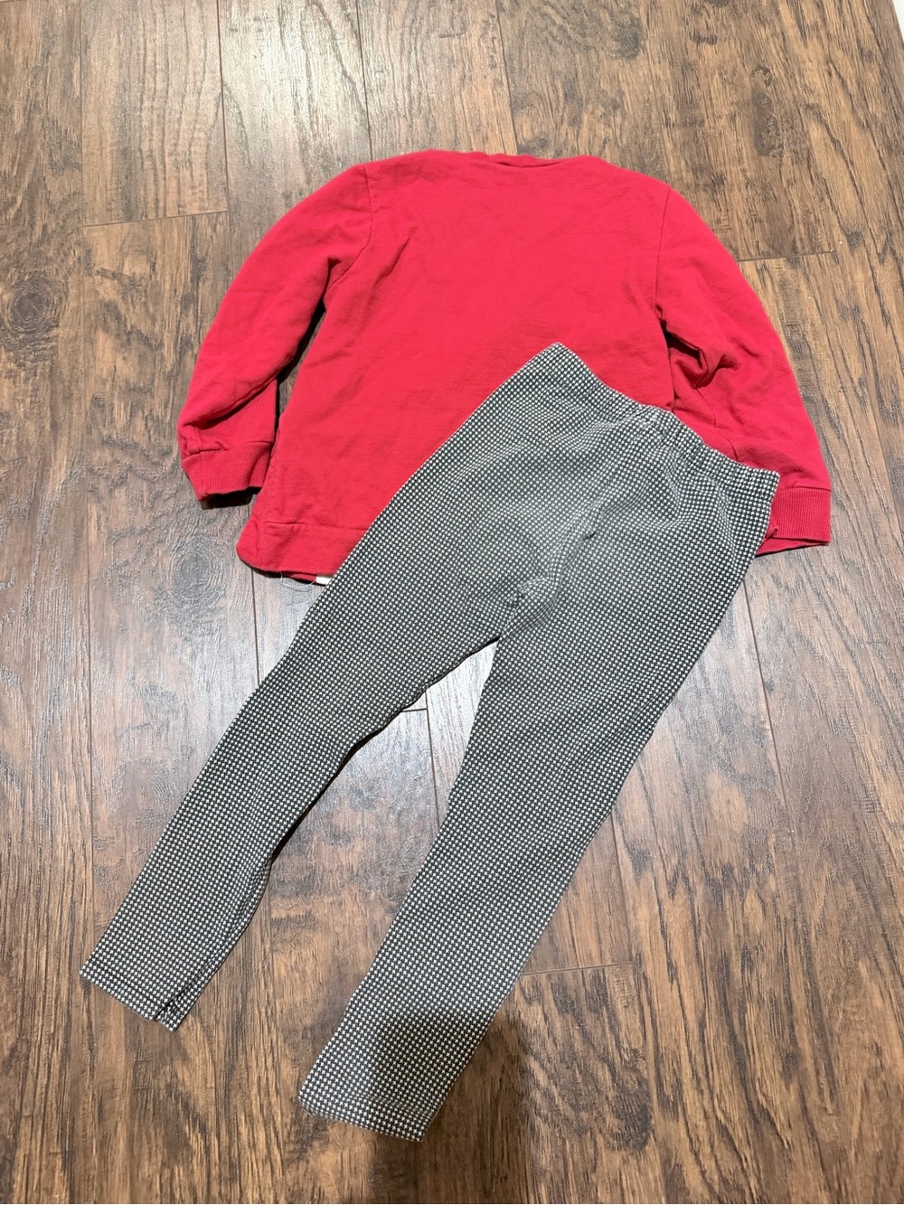 Red "Oh Happy Girl" Sweatshirt and Black/White Houndstooth Leggings Set - Picture 2 of 3